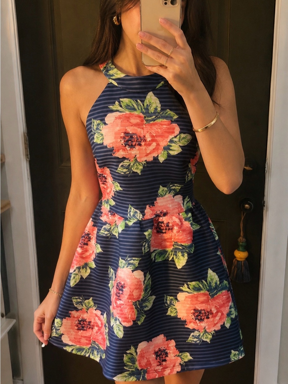 Navy Floral Halter Fit & Flare Dress - Pink Rose Print - Midnight Dolls